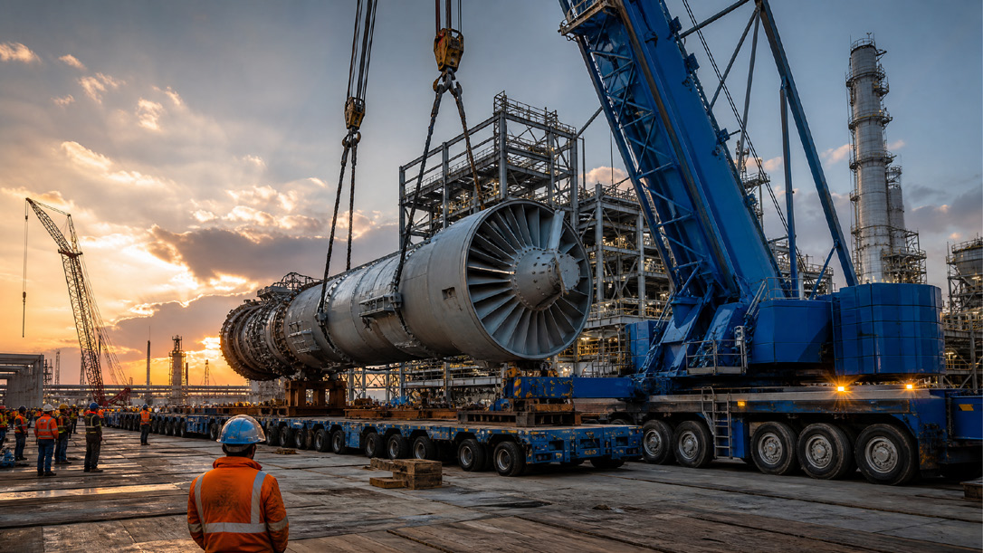 Heavy lift crane moving industrial project cargo