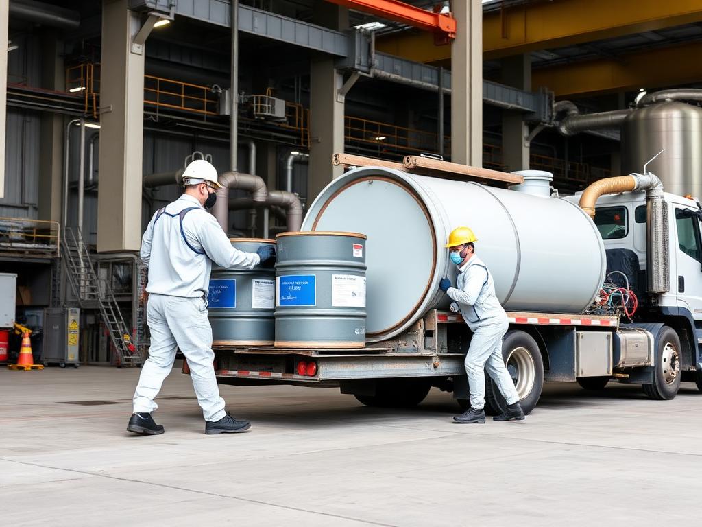 Technicians in protective gear loading sealed hazardous waste drums onto a tanker